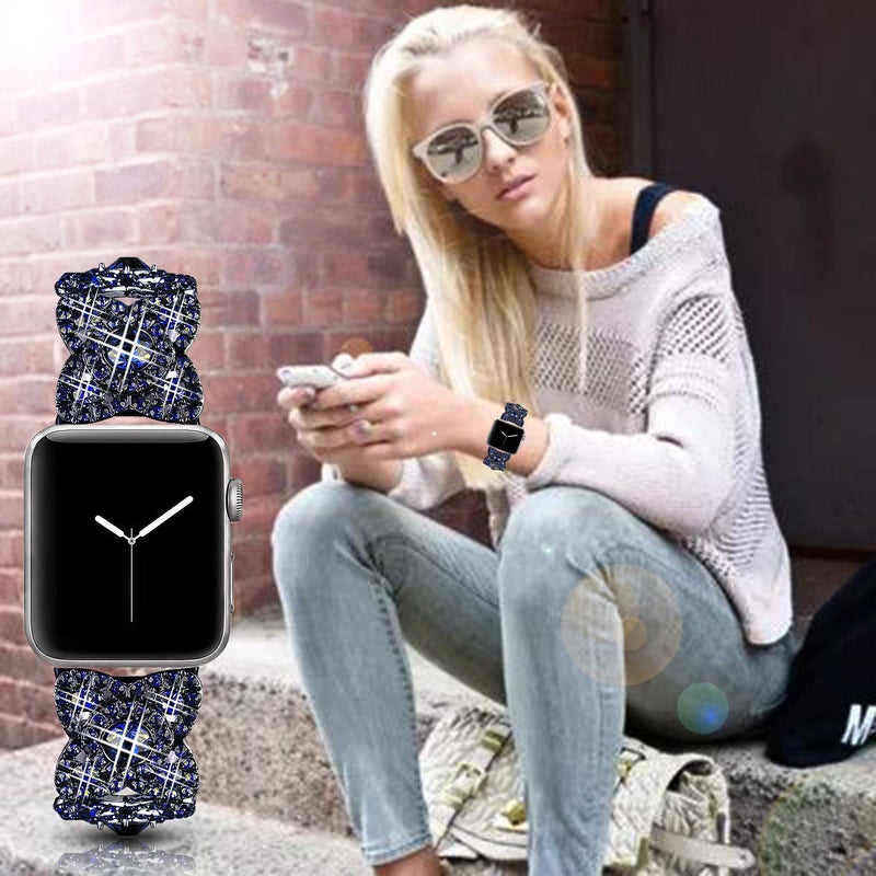 VIQIV Bling Bands for Compatible with Apple Watch 42mm 44mm 45mm 46mm 49mm Ultra Iwatch Series 11 10 9 8 7 6 5 4 3 SE SE2, Diamond Rhinestone Stainless Steel Metal Bracelet Wristband Strap for Women Blue - Image 2